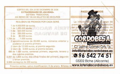 Reverso del d&eacute;cimo 79879 con el sello de la Administraci&oacute;n n&ordm; 16 &laquo;La Cordobesa&raquo;, en Elche